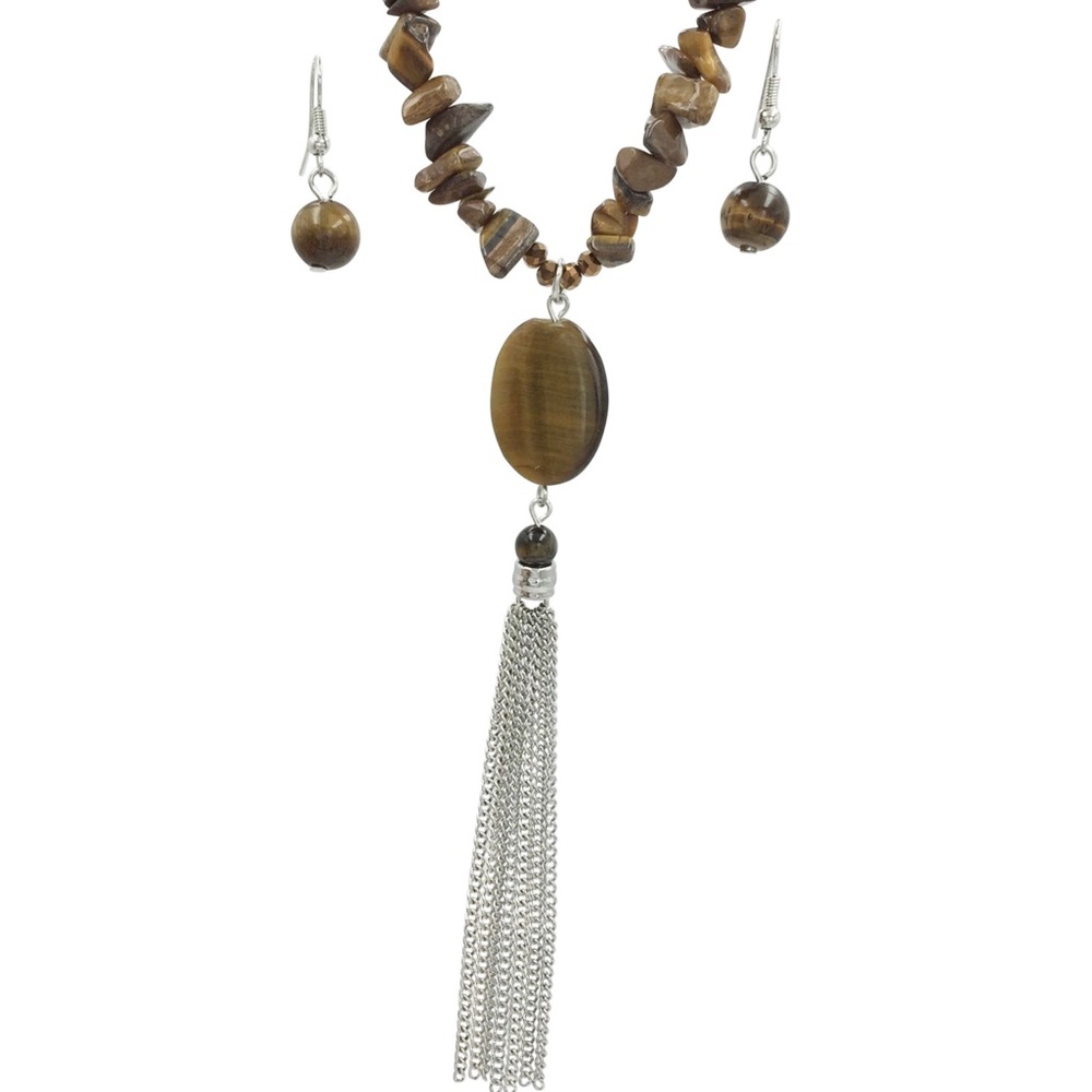 Brown Tigers Eye Chip Stone Tassel Necklace Set